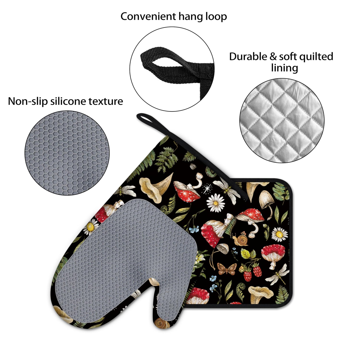 Mushroom Oven Mitts and Pot Holders Sets of 4 Heat Resistant Silicone Oven Mitts Gloves Non-Slip Kitchen Mittens Potholders for Cooking Baking Grilling BBQ