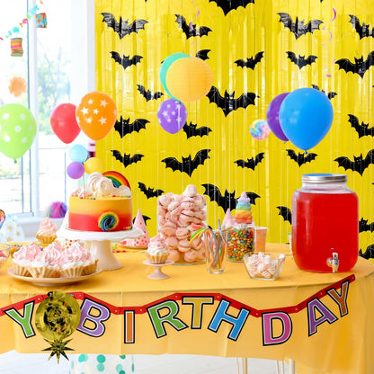 Frienda 3 Pcs Bat Birthday Party Supplies Bat Metallic Tinsel Foil Fringe Curtains Party Supplies Yellow and Black Backdrop for Birthday Decorations, 3.28 x 6.56 Inches