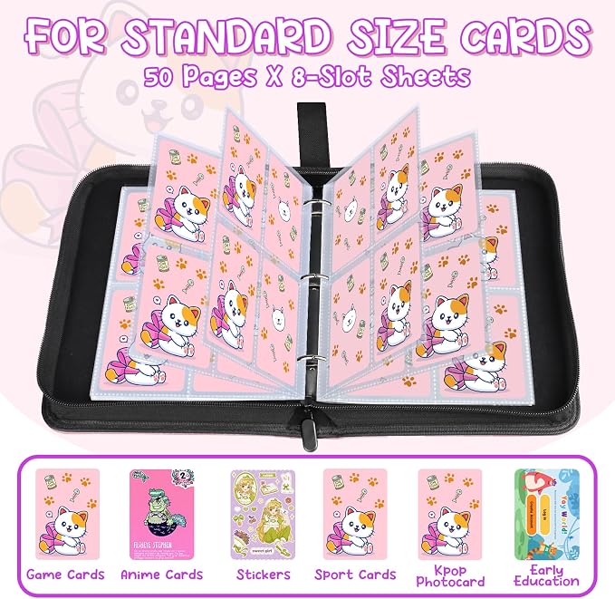 Premium 4 Pocket Trading Card Binder,400 Capacity with 50 Removable Sleeves | PU Leather Zipper Album Book for Sports Cards, Game | Card Storage & Organization for Girls Collector Rose Pink
