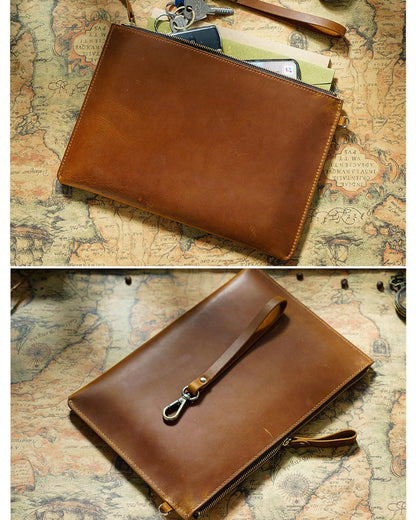 Inkfew Genuine Leather Wristlet for Women and Men, Leather Clutch Business Briefcase Tablet Sleeve Bag with Zip Closure