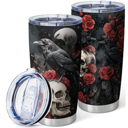 Equoza Halloween Skull and Raven Tumbler, 20oz Insulated Stainless Steel Coffee Travel Mug with Lid, Gothic Horror Cup for Women Men, Funny Spooky Tumbler for Her