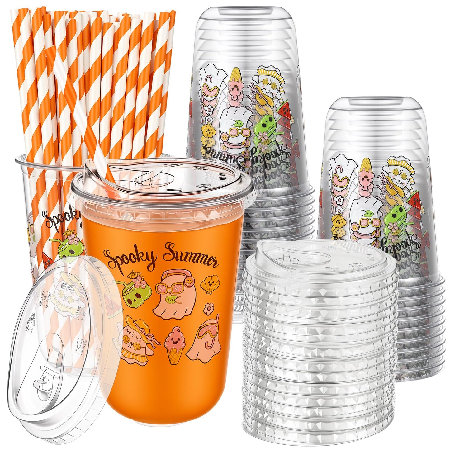 Rtteri 50 Sets Spooky Summer Plastic Cups with Lids and Straws 16 oz Disposable Clear Ghost Themed Cups Bulk for Iced Coffee Juice, Summer Halloween Birthday Party Decorations