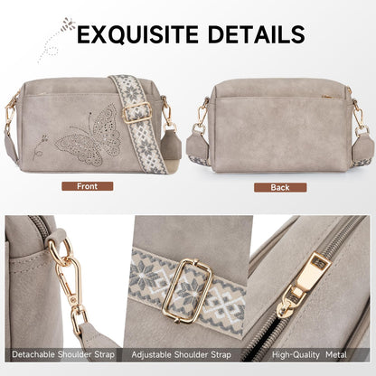 KITEVIUN Crossbody Bags for Women, Vegan Leather Phone Purse Triple Zip Butterfly Women’s Shoulder Handbags with Wide Strap Gray