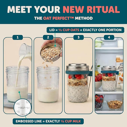 Overnight Oats Jars with Lids and Spoon - Glass Chia Pudding Containers - 16 oz Leakproof Mason Jar for Oatmeal - Wide Mouth To Go Meal Prep Cup with Measurement Markings - 2 Pack