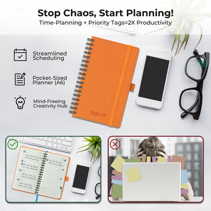 IN-LUXPRO Planner 2026-2027 Daily Weekly and Monthly,6.5"x3.75",18 Months Spiral Bound Calendar Agenda with Self-adhesive Pen Holder,2026 Academic Plan with Vegan Leather Soft Cover,Orange