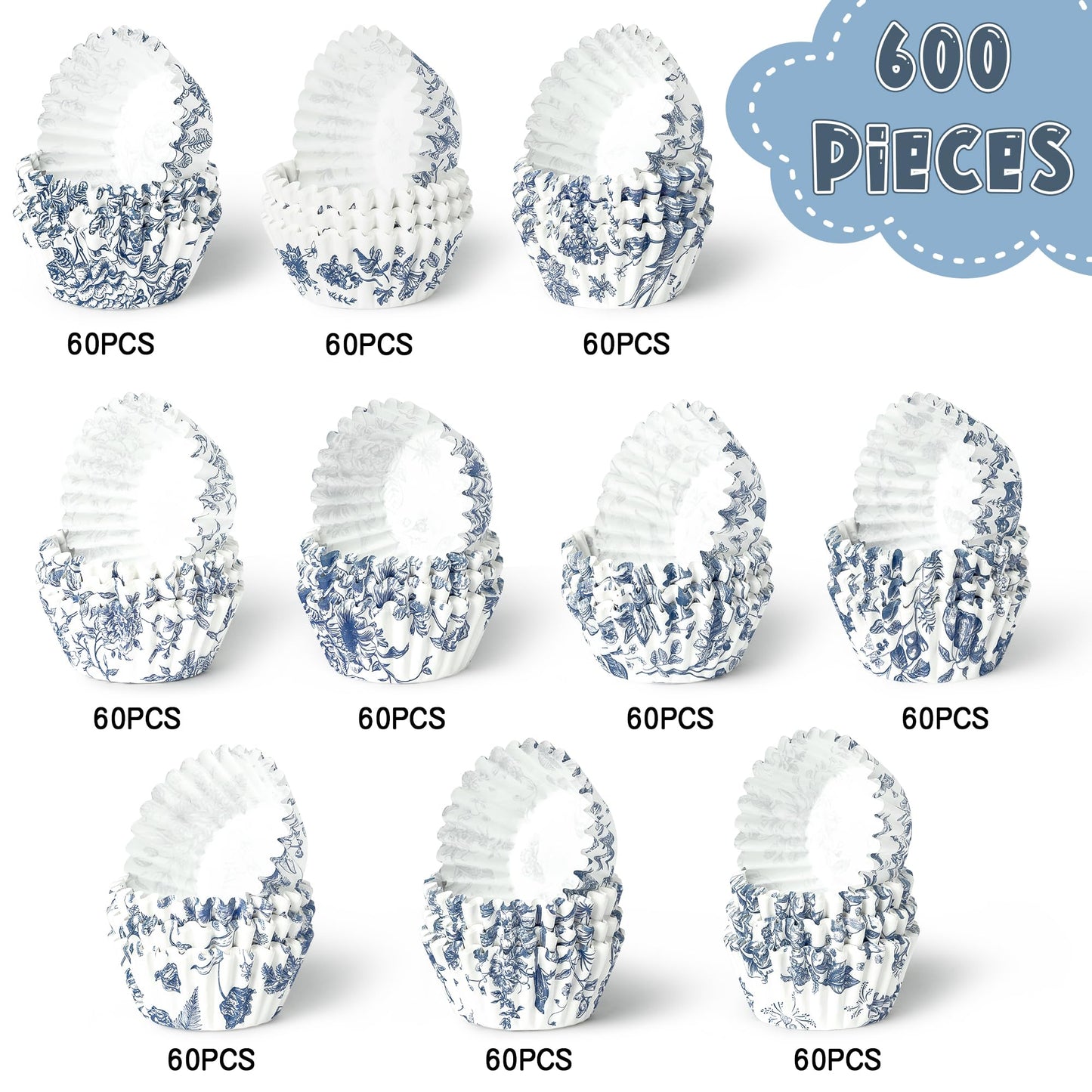 COcnny Flower Mini Cupcake Liners - 600pcs Blue and White Floral Baking Cups Muffin Paper Cupcakes Wrappers for Birthday, Candy Cake Chocolate Wrap Making Supplies for Baby Shower Birthday (10 Styles)
