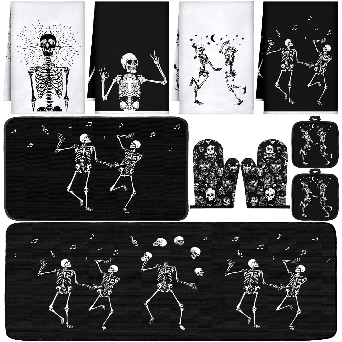 Fourluoo 10 Pcs Skeleton Kitchen Set Kitchen Towels and Rugs Oven Mitts and Pot Holders Gothic Decor and Accessories for Gift Cooking Baking Grilling