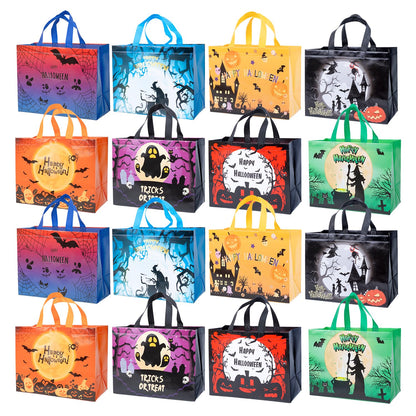 XiaosRen 16Pcs Multifunctional Non-Woven Tote Bags with Handles, Large Reusable Happy Halloween Bags for Gifts, Party Supplies, 12.6x10x6.7
