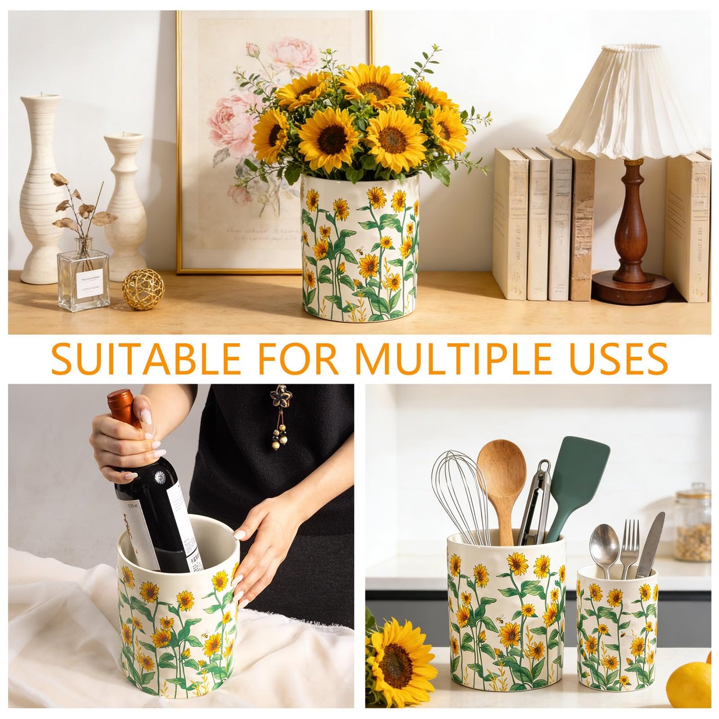 Sunflower Utensil Holder, 7.1"+5.4" Ceramic Utensil Holder for Kitchen Counter, Cooking Utensil Crocks for Countertop, Utensil Storage Container Organizer for Spoon, Sunflower Farmhouse Kitchen Decor