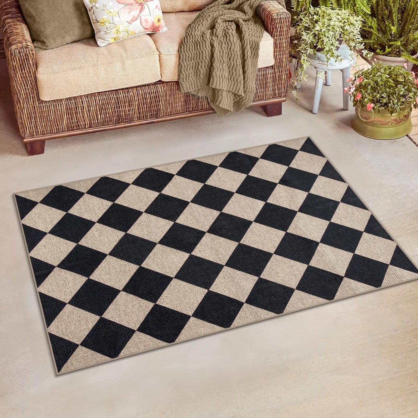 Lahome Checkered Easy Jute 3x5 Entryway Front Porch Rug, Black Diamond Indoor Outdoor Patio Layering Rug, Washable Farmhouse Neutral Non Slip Non Shedding Door Carpet for Backyard Blacony