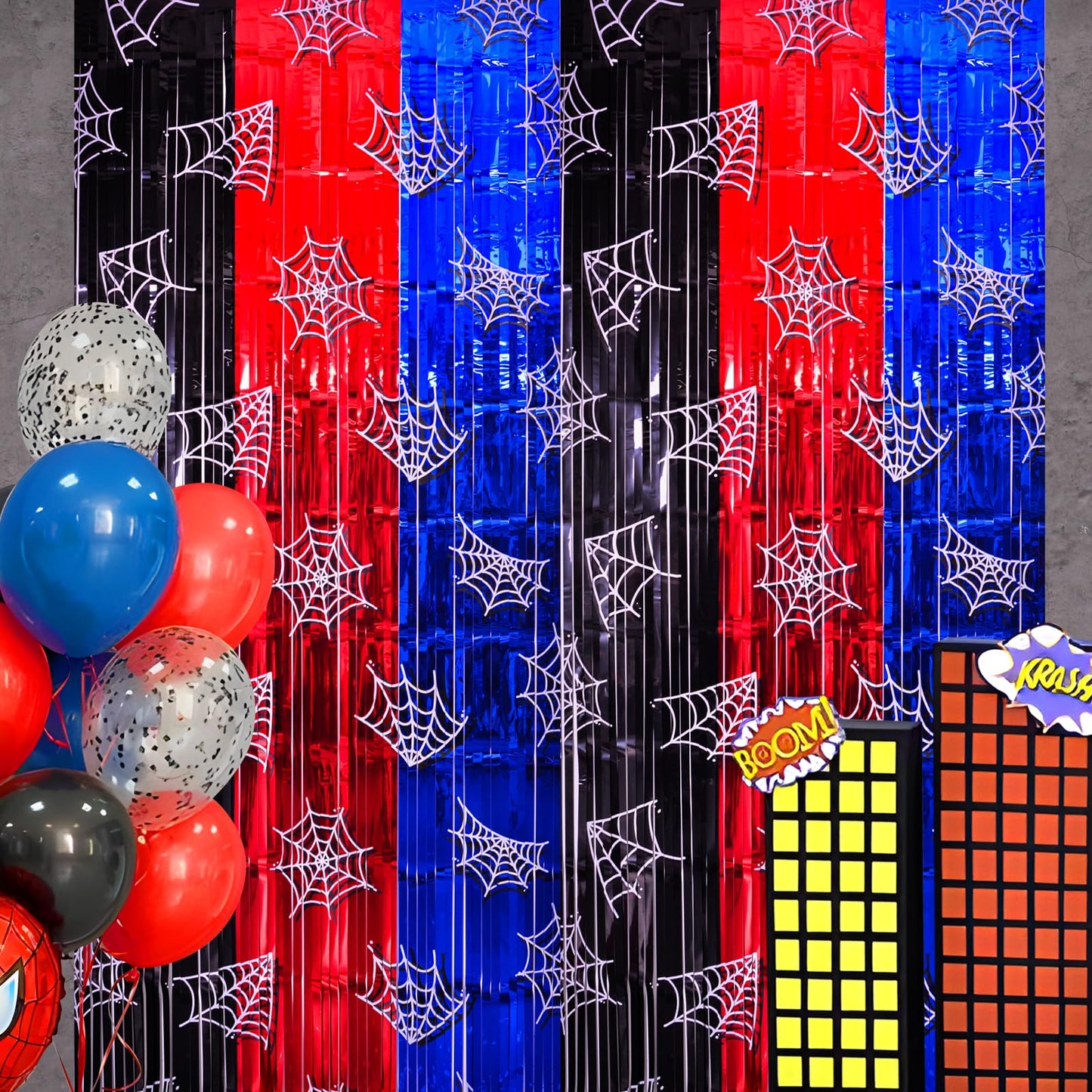 Bupelo Spider Web Birthday Decorations, 2 Pack Spider Party Supplies 3.3x6.6ft Tinsel Foil Fringe Curtains, Red Black, and Blue Photo Booth Prop Backdrop Streamer, Birthday Decor, Party Decor for Boys