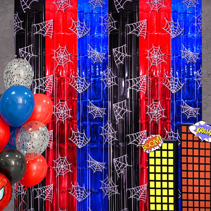 Bupelo Spider Web Birthday Decorations, 2 Pack Spider Party Supplies 3.3x6.6ft Tinsel Foil Fringe Curtains, Red Black, and Blue Photo Booth Prop Backdrop Streamer, Birthday Decor, Party Decor for Boys