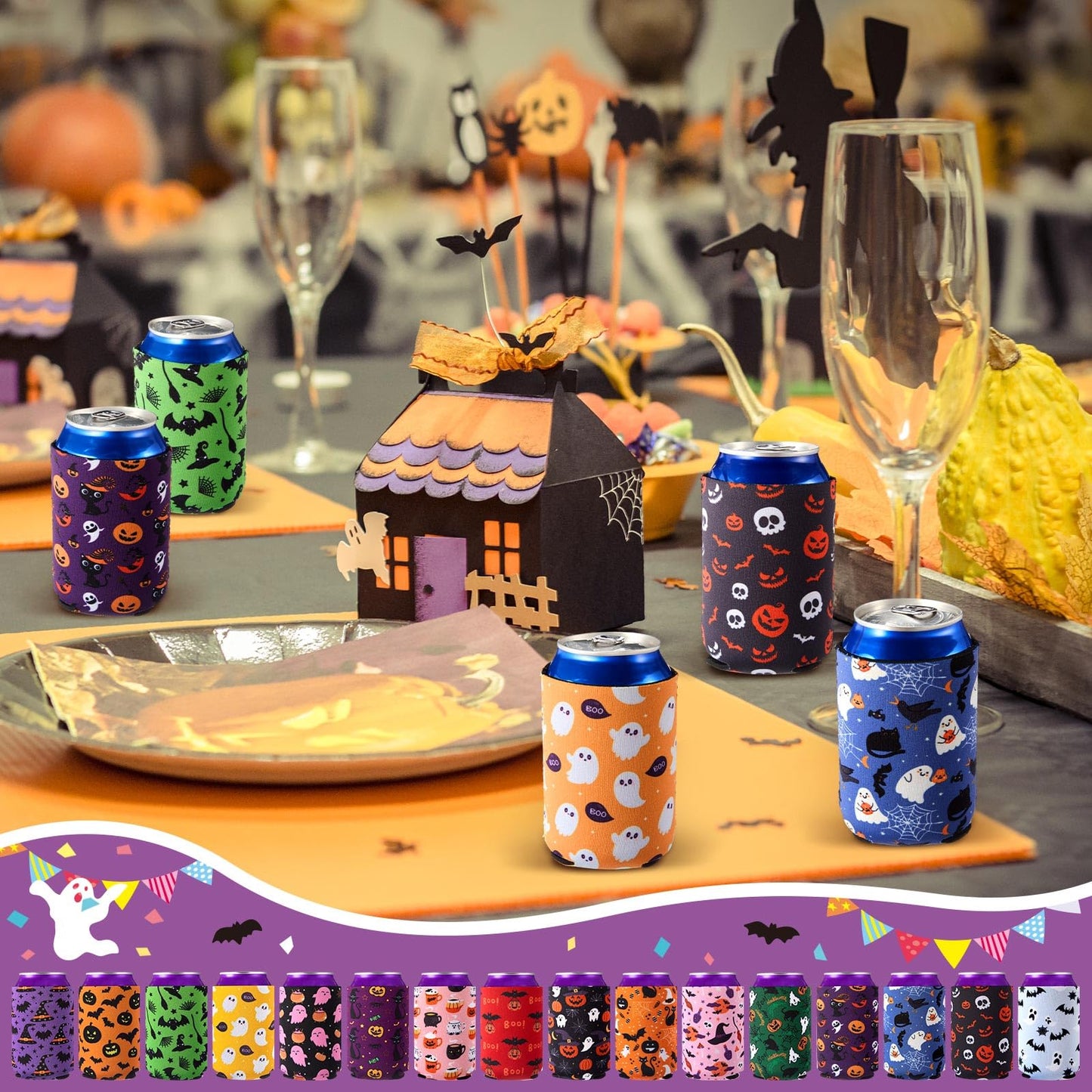 Yiyiring 16 Pcs Halloween Beer Can Cooler Sleeves 12 oz Drink Can Cooler Reusable Neoprene Cold Drinks Bottle Sleeves with Witch Pumpkin Bat Ghost Pattern for Halloween Trick or Treat Party Supplies