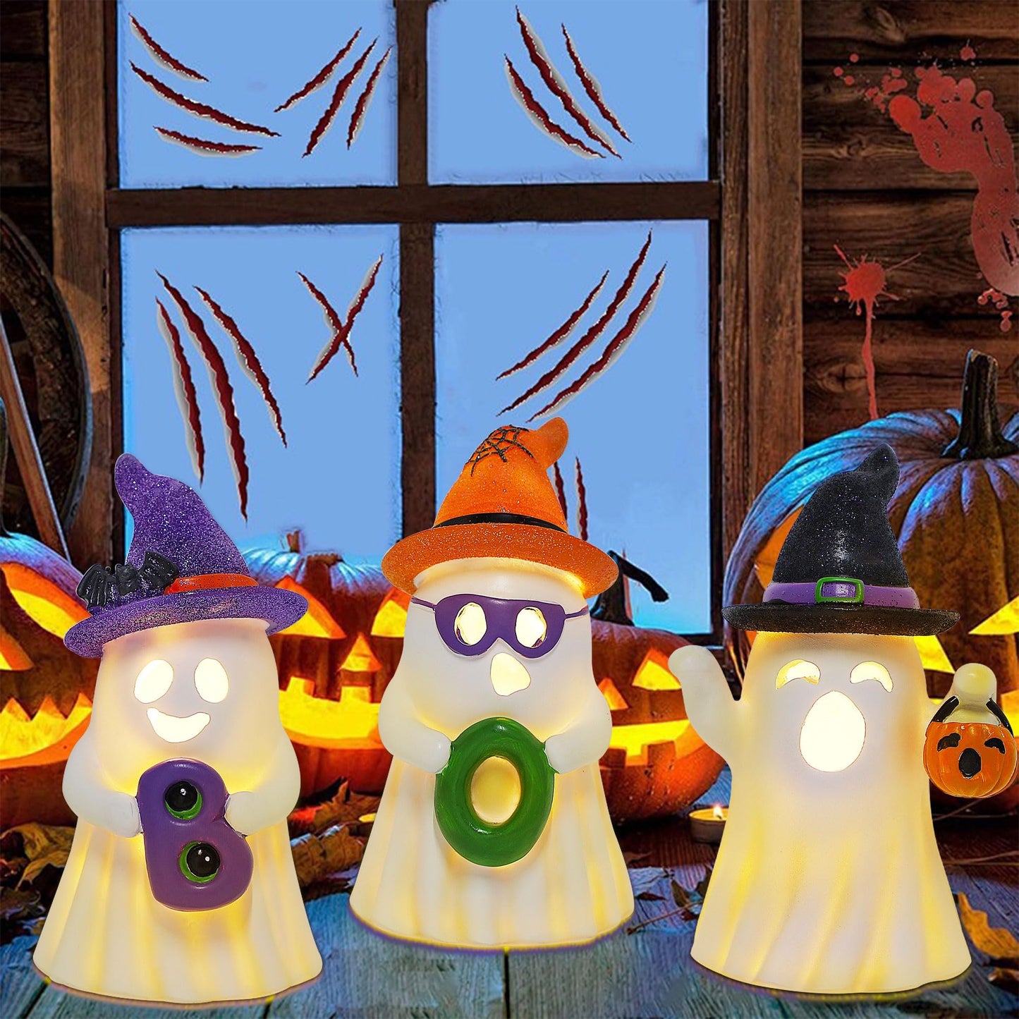 Lulu Home 3 Packs Halloween Tabletop Ornaments, 5.5" H Light Up Resin Ghosts Wearing Glittered Witch Hats, Boo Ghost Figurines for Indoor Fireplace Kitchen Shelf Holiday Decorations