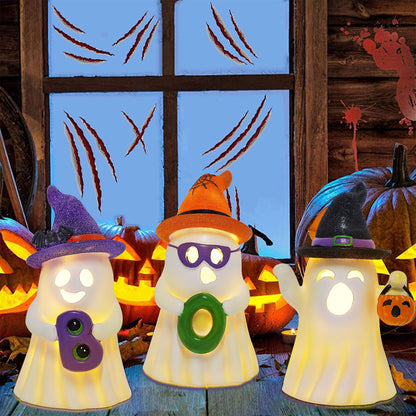 Lulu Home 3 Packs Halloween Tabletop Ornaments, 5.5" H Light Up Resin Ghosts Wearing Glittered Witch Hats, Boo Ghost Figurines for Indoor Fireplace Kitchen Shelf Holiday Decorations