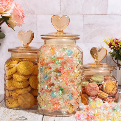 Rainmae 3 Pcs Heart Candy & Cookie Jars with Lids, 22 32 45 oz Cute Heart Shaped Airtight Food Storage Glass Cookie Containers for Kitchen Decorative Apothecary Canisters (Amber)