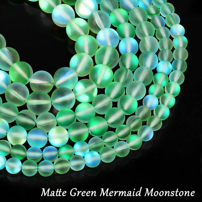 Matte Green Aurora Crystal Glass Beads, 8MM Frosted Glitter Shining Mermaid Round Loose Beads, Rainbow Holographic Synthetic Moonstone for Jewelry Making DIY Bracelet