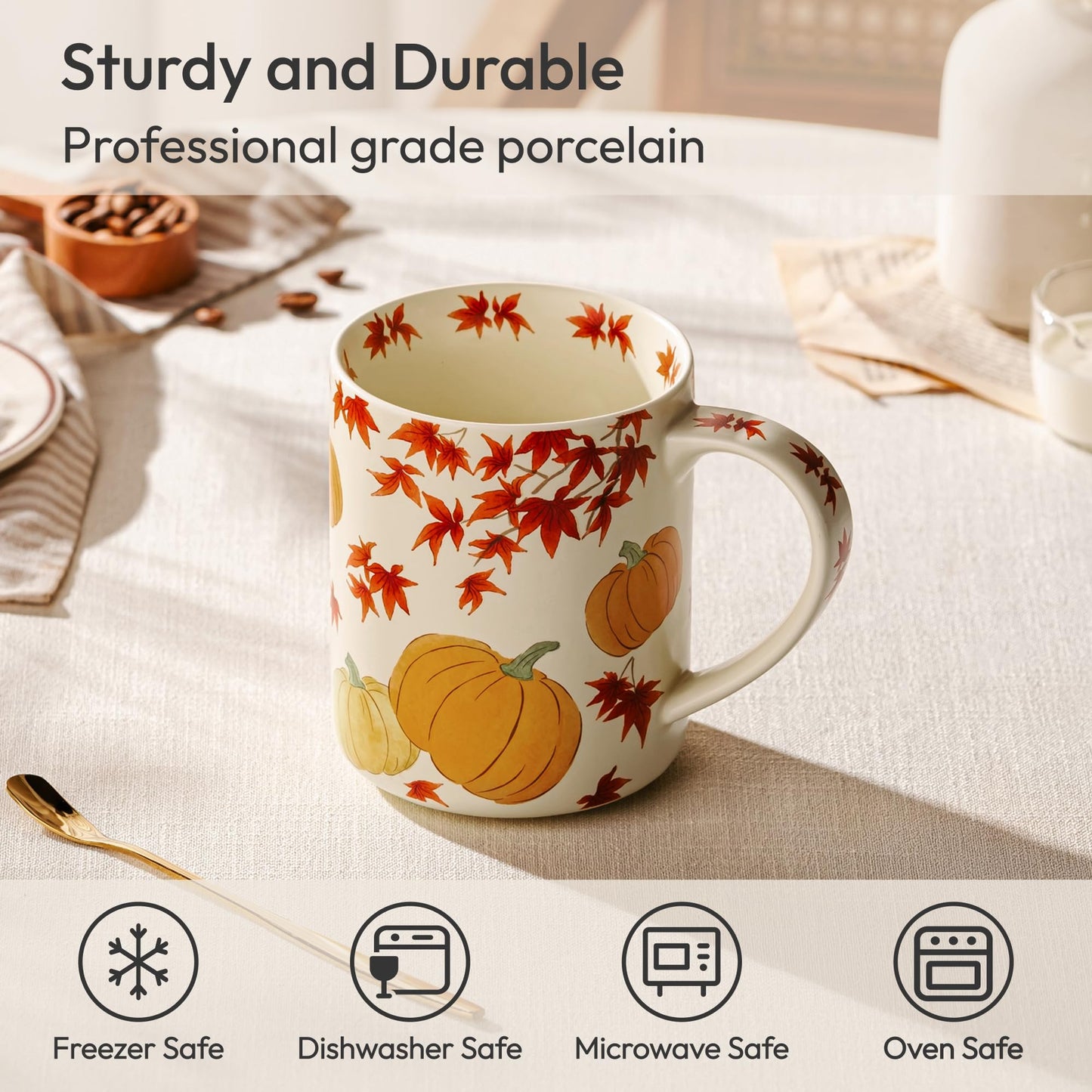 LINVIA Garden Mug, 18 oz Large Floral Coffee Mug with Big Handle, Ceramic Porcelain Tea Cup, Microwave Dishwasher Safe (Fall, Halloween Pumpkin)