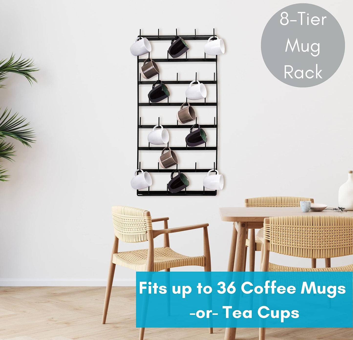 BIRDROCK HOME 36 Peg Coffee Mug Organizer Wall - 8 Tier Wall Mounted Coffee Mug Holder - Tea Cup Display Shelf Wall Mounted - Heavy Duty Decorative Kitchen Bar Organizer Flat Metal Steel Rack - Black