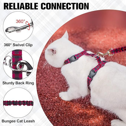 BEAUTYZOO Cat Harness and Leash Set Escape Proof for Walking, Kitten Soft Adjustable Vest Harnesses for Small Medium Large Cats, Easy Control Breathable Plaid Ribbon Nylon for Outdoor Indoor Use