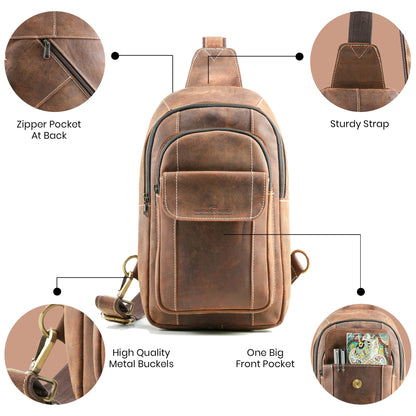 Handmade World Genuine Leather Sling Chest Crossbody Bag Backpack Small 'The RoamRush' Buffalo Hunter Leather Shoulder Travel Daypack