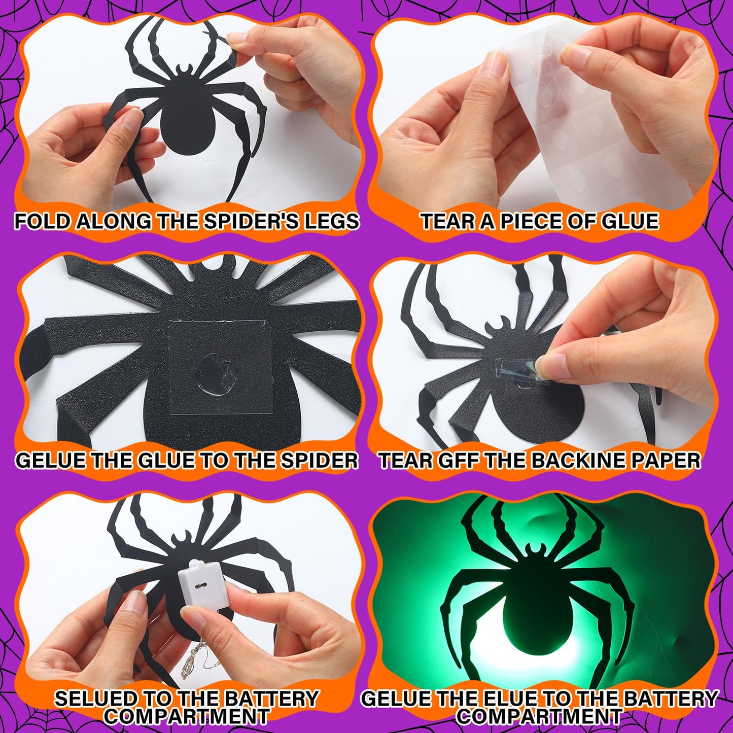 Tujoe 48 Pcs 2025 New LED Halloween 3D Lighted Spider Decorations Wall Stickers 4 Different Size Removable PVC Spider Wall Sticker for Indoor Home Hanging Window Glow Decor Party Supplies
