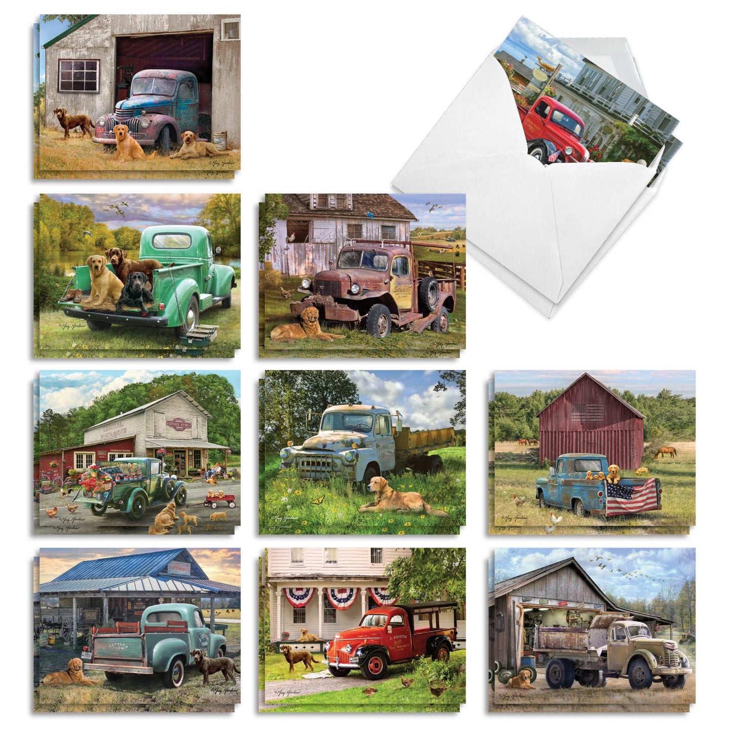 The Best Card Company 20 Assorted Blank Americana Dog and Pickup Cars Notes Bulk Box Set 4 x 5.12 Inch with Envelopes (10 Designs, 2 Each) Labrador, Country, Farm Trucks and Labs AM10203OCB-B2x10