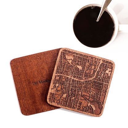 Des Moines, IA Map Coaster by O3 Design Studio, Set Of 4, Sapele Wooden Coaster With City Map, Handmade