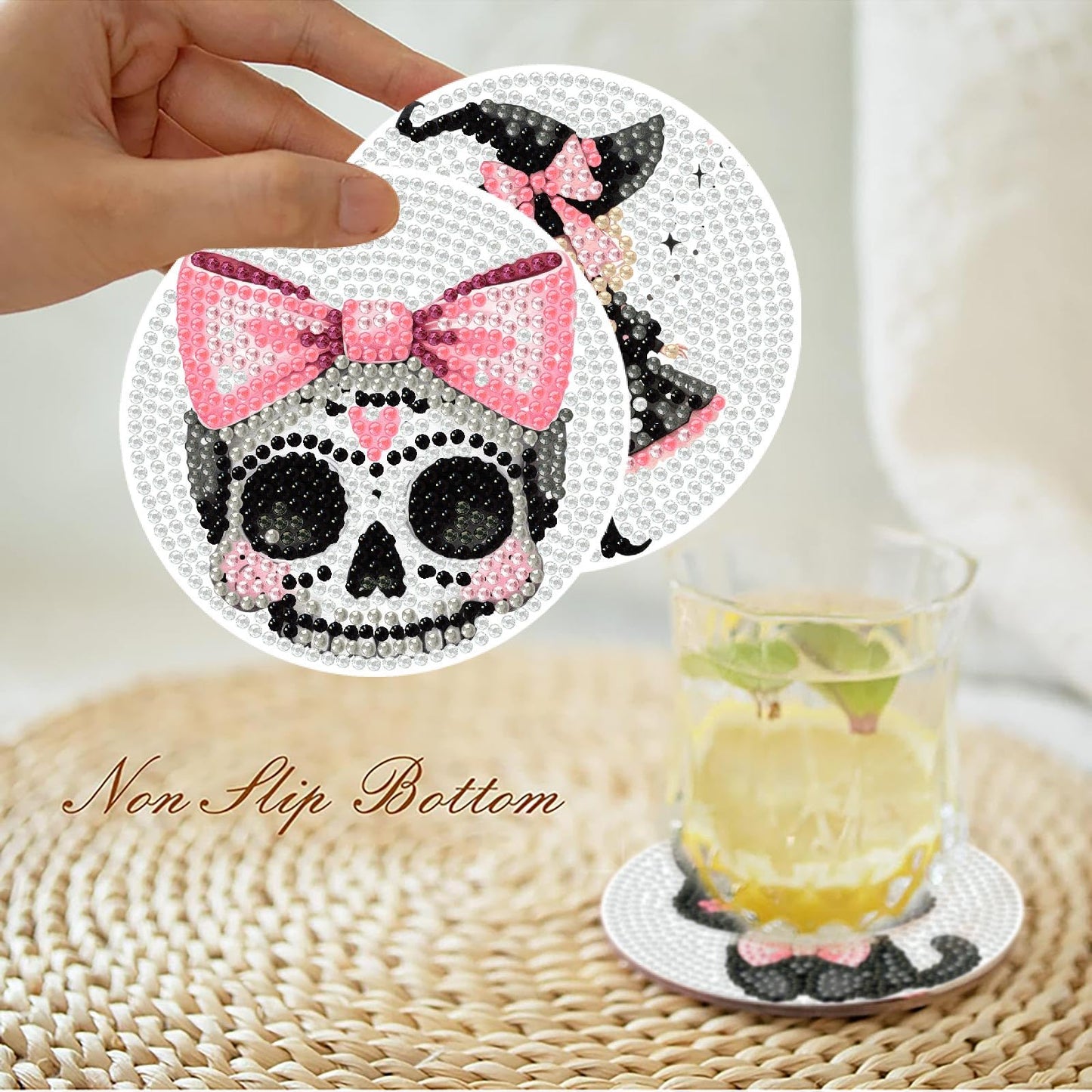 Yijingtop 8 Pcs Halloween Diamond Art Coasters,Cute Pink Gothic Diamond Painting Coasters,Small Diamond Art Kits for Adults,Crystal Gem Art Kits for Home Wall Decor