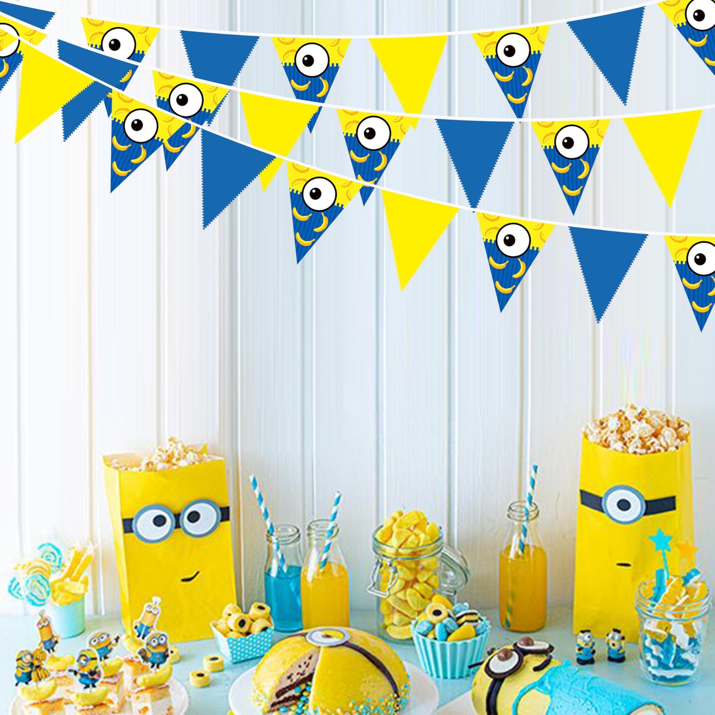 32Ft Yellow Blue Cartoon Party Decorations Blue Yellow Big Eyes Banana Triangle Flag Fabric Banner Pennant Garland Streamers for Cartoon Birthday Baby Shower Big Eyes Movie Party Decor Supplies