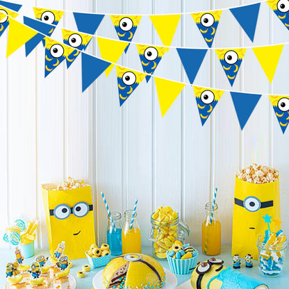 32Ft Yellow Blue Cartoon Party Decorations Blue Yellow Big Eyes Banana Triangle Flag Fabric Banner Pennant Garland Streamers for Cartoon Birthday Baby Shower Big Eyes Movie Party Decor Supplies