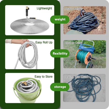 WHOBUY 25FT Metal Garden Hose 304 Stainless Steel Flexible Water Hose - No Kink & Tangle Heavy Duty Pipe with Nozzle, Durable 3/4 Brass Fittings and Valve - Rust Proof Puncture Proof for Yard Lawn