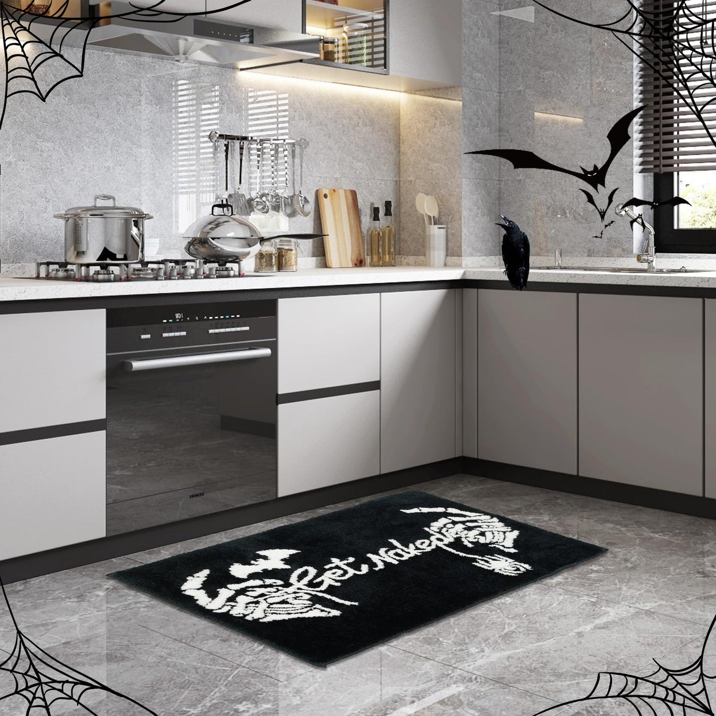 Lindameler Get Naked Gothic Bath Mat Black White Gothic Bathroom Rug Skull Skeleton Get Naked Bath Mat Non-Slip Rug Washable Goth Bath Rug for Front Door, Bedroom, Living Home Decor 20x32 inch