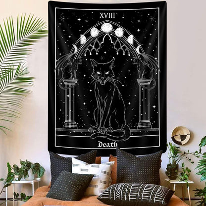 Goth Black Cat Tapestry, Gothic Tarot Witch Vertical Wall Hanging For Men, Black And White Aesthetic Anime Witchcraft Art For Bedroom Living Room Poster, 40X60Inch