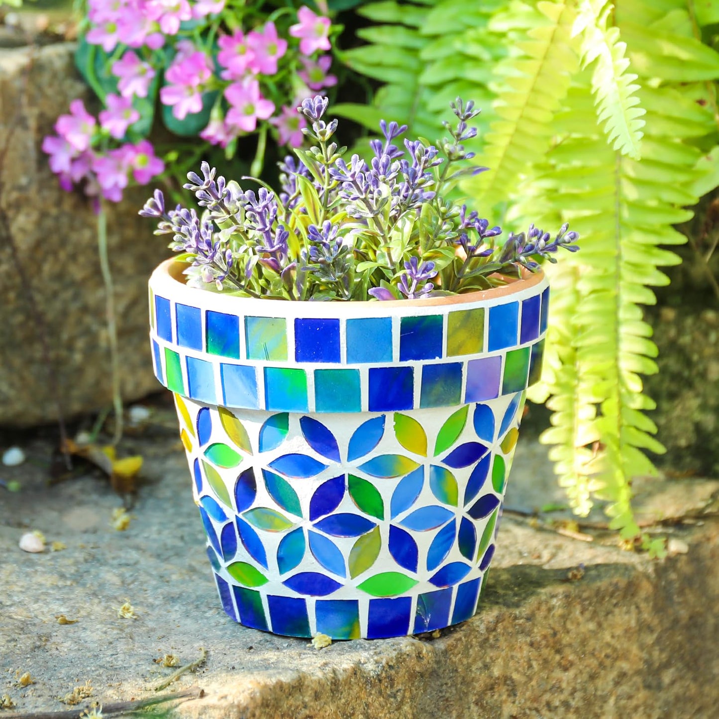 Chonsun Small Mosaic Plant Pot Flower Pots Ceramic Planter with Drainage Hole Small Ceramic Pot for Indoor Outdoor Plants Succulent Pots Blue with Flower Design