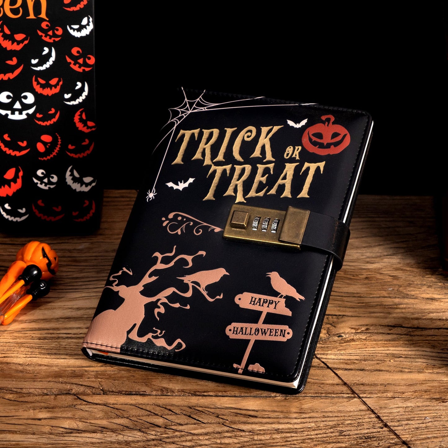 CAGIE Journal with Lock for Women Men, A5 Locked Journal with Pumpkin Pen Set, Halloween Notebook with Combination Lock 192 Pages Diary with Lock, 5.7x 8.3 Inches, Trick or Treat Black