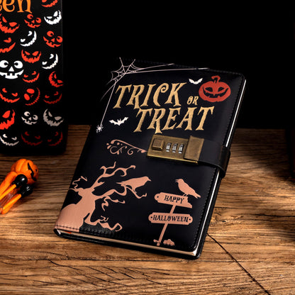 CAGIE Journal with Lock for Women Men, A5 Locked Journal with Pumpkin Pen Set, Halloween Notebook with Combination Lock 192 Pages Diary with Lock, 5.7x 8.3 Inches, Trick or Treat Black