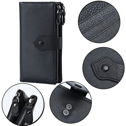 Bveyzi Women Soft Leather RFID Blocking Bifold Slim Wallets Ladies Credit Card Holder Double Zipper Pocket(Black)
