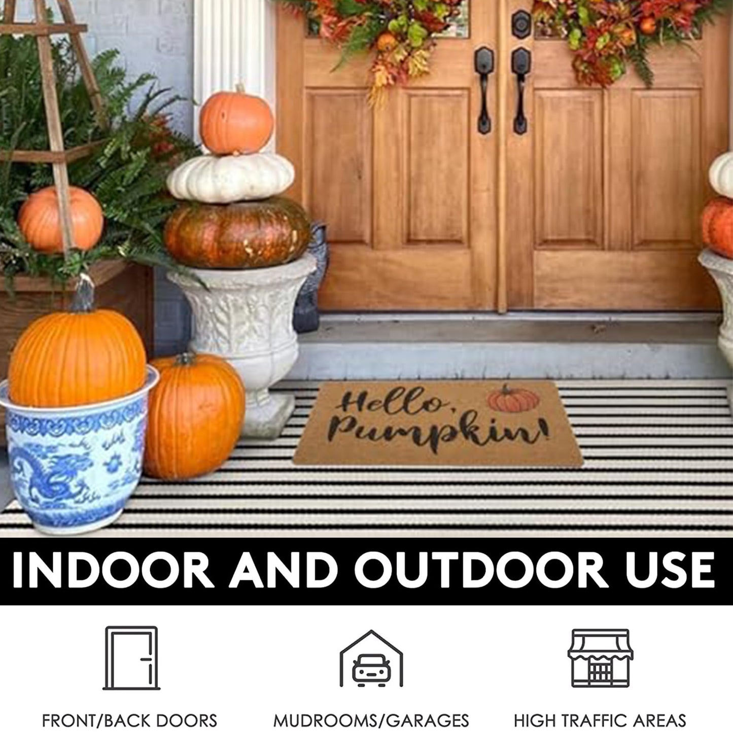 IZUS Hello-Pumpkin Welcome-Doormats - Non-Slip Coir Entrance-Mat Fall-Harvest-Festival Front-Door-Mat Porch-Rugs Home-Decor 17x29inch
