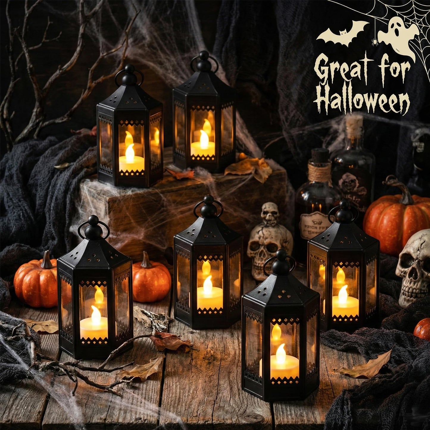 Vela Lanterns Tea Light Candle Holders, Mini Table Centerpieces, Black
