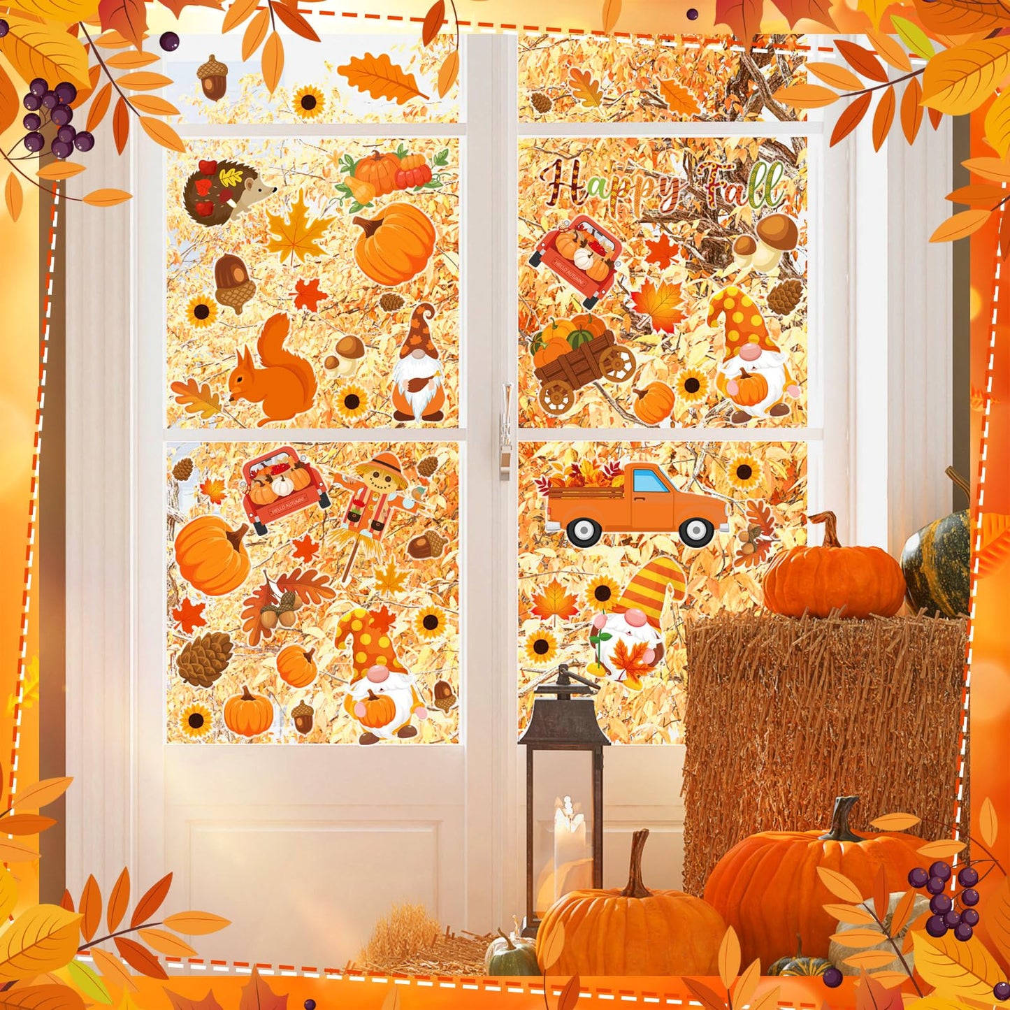 Motipuns 2 Sheet 64 Pcs Thanksgiving Gel Window Clings Fall Thick Gel Cling Removable Reusable Autumn Harvest Window Sticker Pumpkin Maple Leaves Gnome Decal for Glass Classroom Fall Party Decor