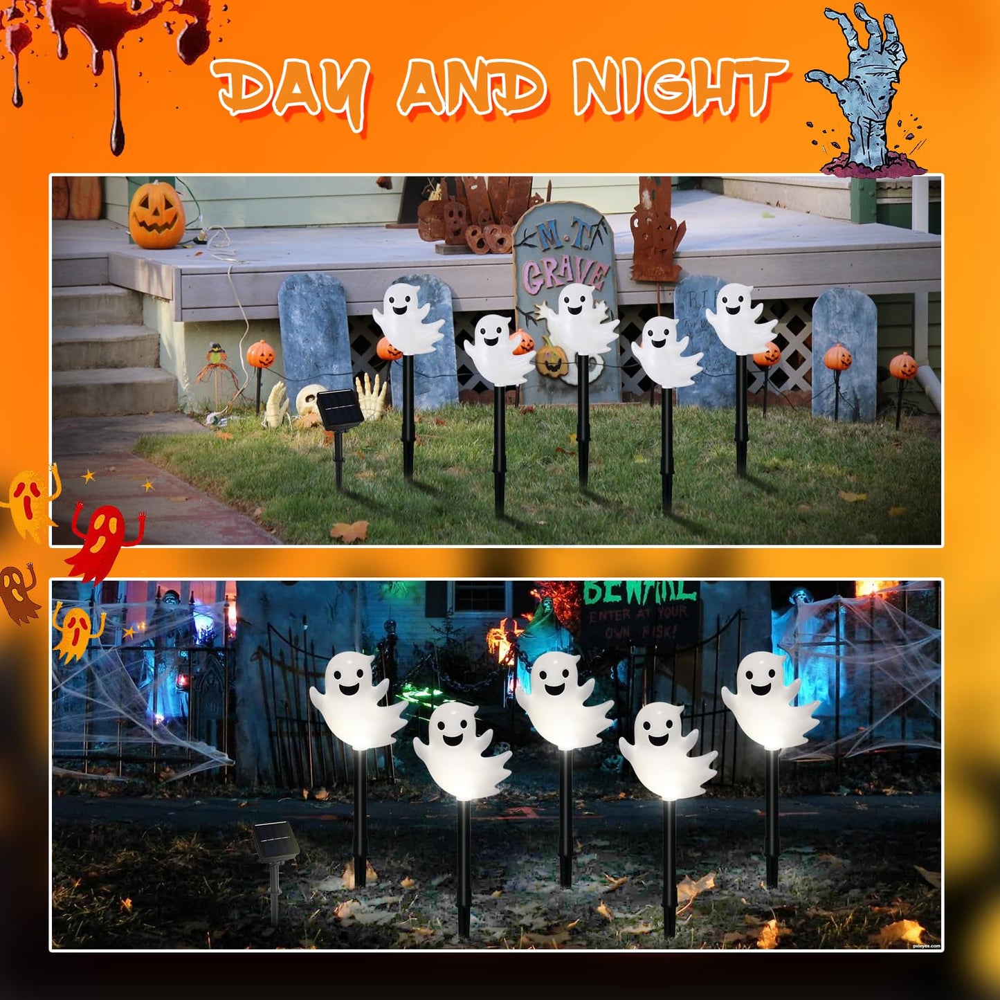 VOGVOG Solar Halloween Ghost Pathway Lights, 10 Pack 3D Lighted Outdoor Stake Decorations, Waterproof LED Yard and Garden Lights for Halloween Pathway, Lawn, Patio, and Holiday Decor (10-Ghosts-Cold)