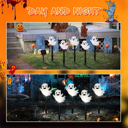 VOGVOG Solar Halloween Ghost Pathway Lights, 10 Pack 3D Lighted Outdoor Stake Decorations, Waterproof LED Yard and Garden Lights for Halloween Pathway, Lawn, Patio, and Holiday Decor (10-Ghosts-Cold)