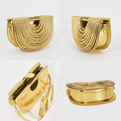 Ophlid Half-Moon Clutch Purse for Women Wedding Woven Evening Shoulder Bag Top Handle Gold Party Prom Handbag Gold