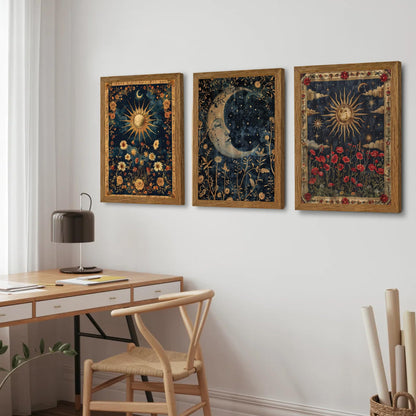 Palette Dreams Set of 3 Wood Framed Wall Art, Sun, Moon and Clouds Theme, Ready to Hang, Fade Resistant, Vibrant Art Prints for Bedroom, Living Room, Hallway, Home Office Decor, 12x16 Inches