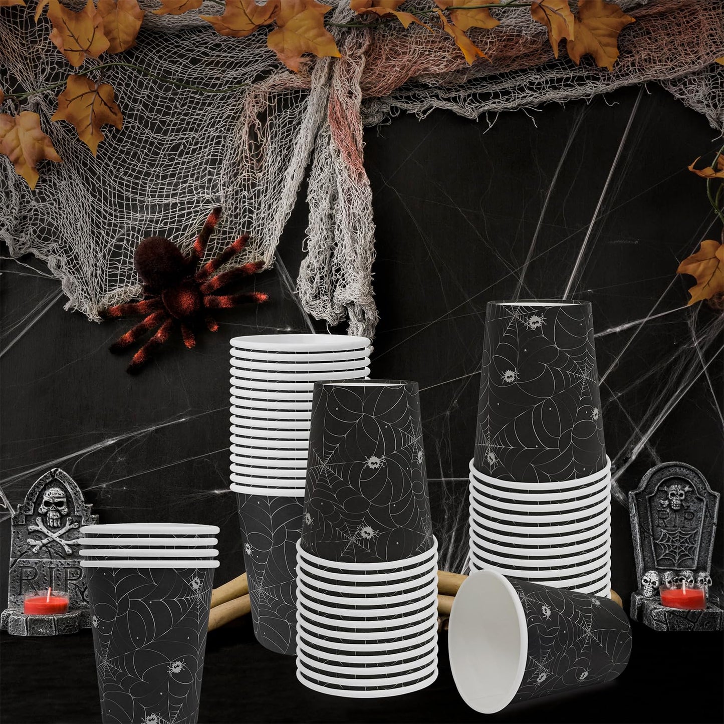 YQUQWN 50 PCS Halloween Spider Paper Cups, 9 oz Disposable Party Cups for Trick or Treat Activity Party Supplies for Kids Adults, Halloween Tableware for Drinks, Snacks Decor