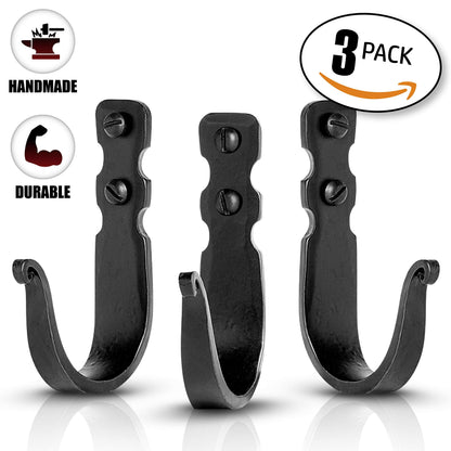 Stur-De Wrought Iron Wall Hooks – Heavy Duty Black Decorative Hooks for Hanging Coats, Bags, Hats & Towels | Rustic Metal Wall Hangers, Set of 3