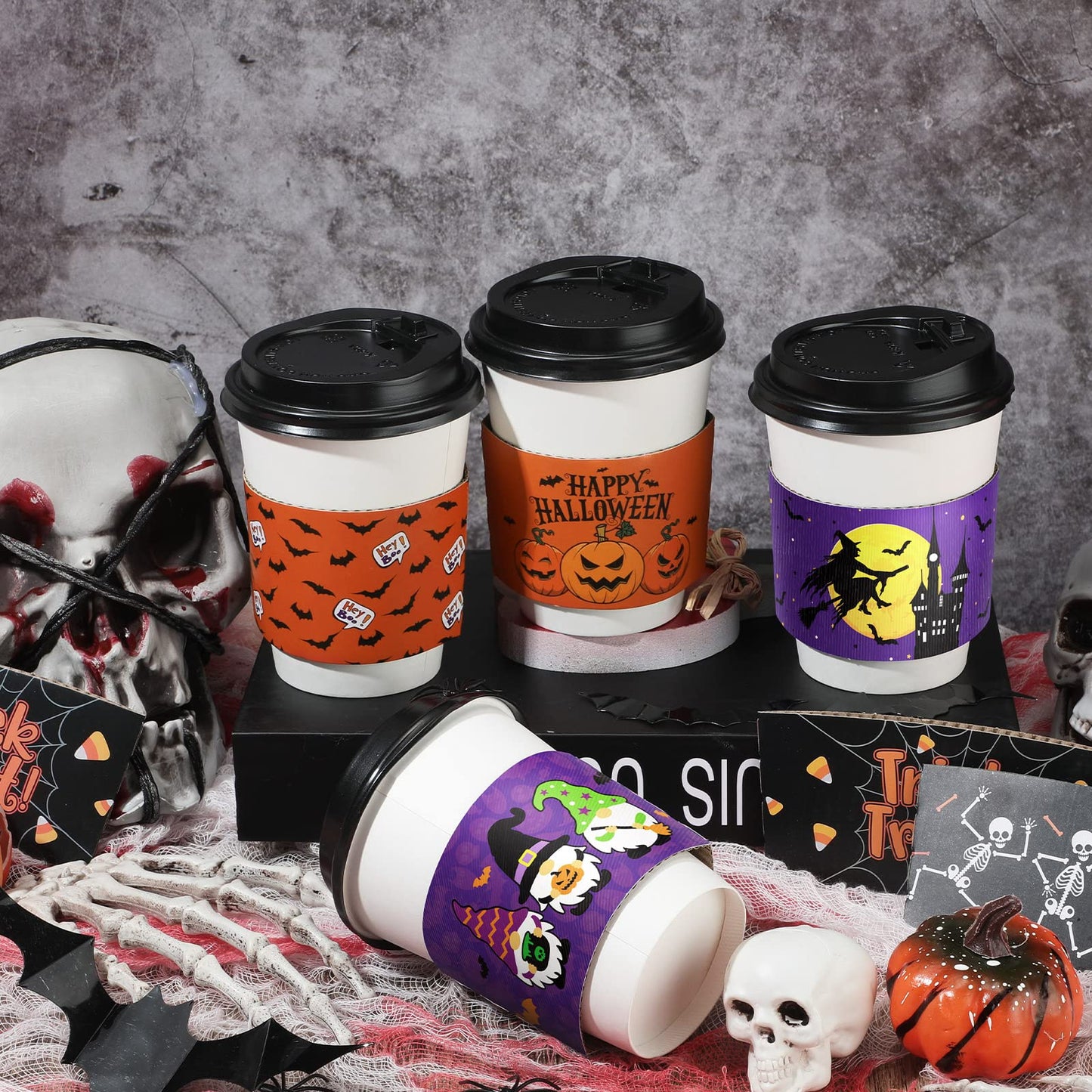 36 Pcs Halloween Coffee Cups Sleeves, Disposable Double Layer Paper Sleeves Corrugated Cup Paper Jacket for 12oz 16oz Hot Chocolate Coffee Tea or Cold Beverage, 6 Designs