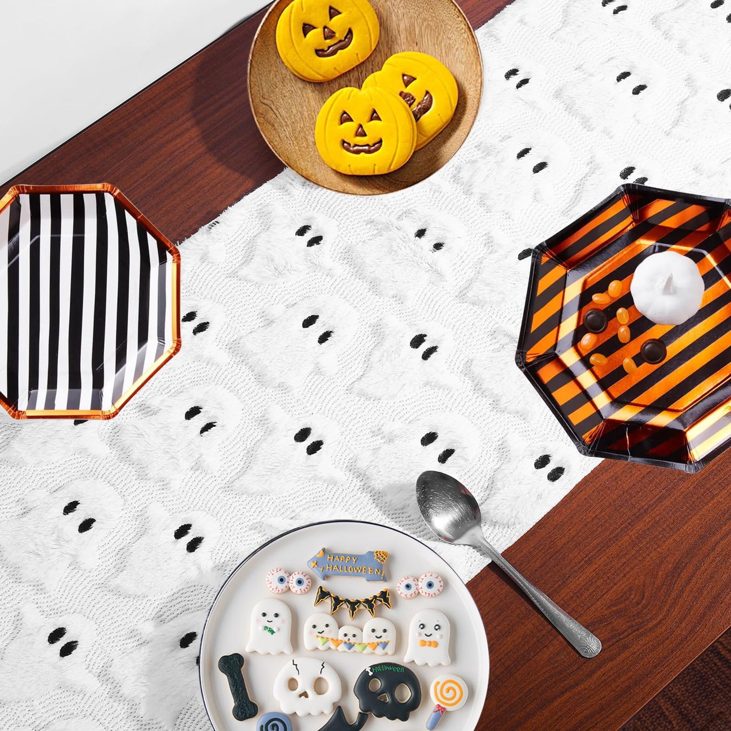 3D Halloween Indoor Decoration Table Runner - White Ghosts Soft Plush Faux Fur Fabric Holiday Home Kitchen Dining Party Table Decor 13x72 Inch Long