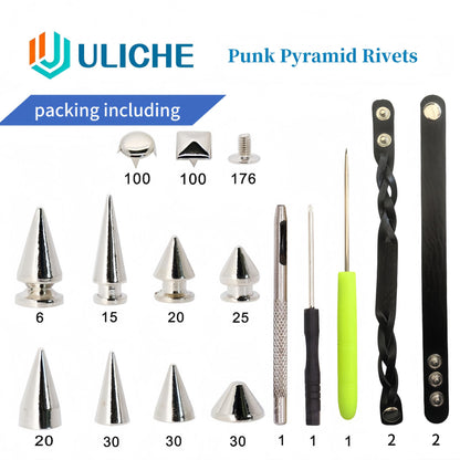 Uliche 559 Pcs Punk Studs and Spikes Kit，8 Sizes Cone Spikes,Square Pyramid&Circular Rivet,Metal Tree Spikes Studs for Clothing and Leathercraft Accessories DIY Craft Decoration,Wristband Included